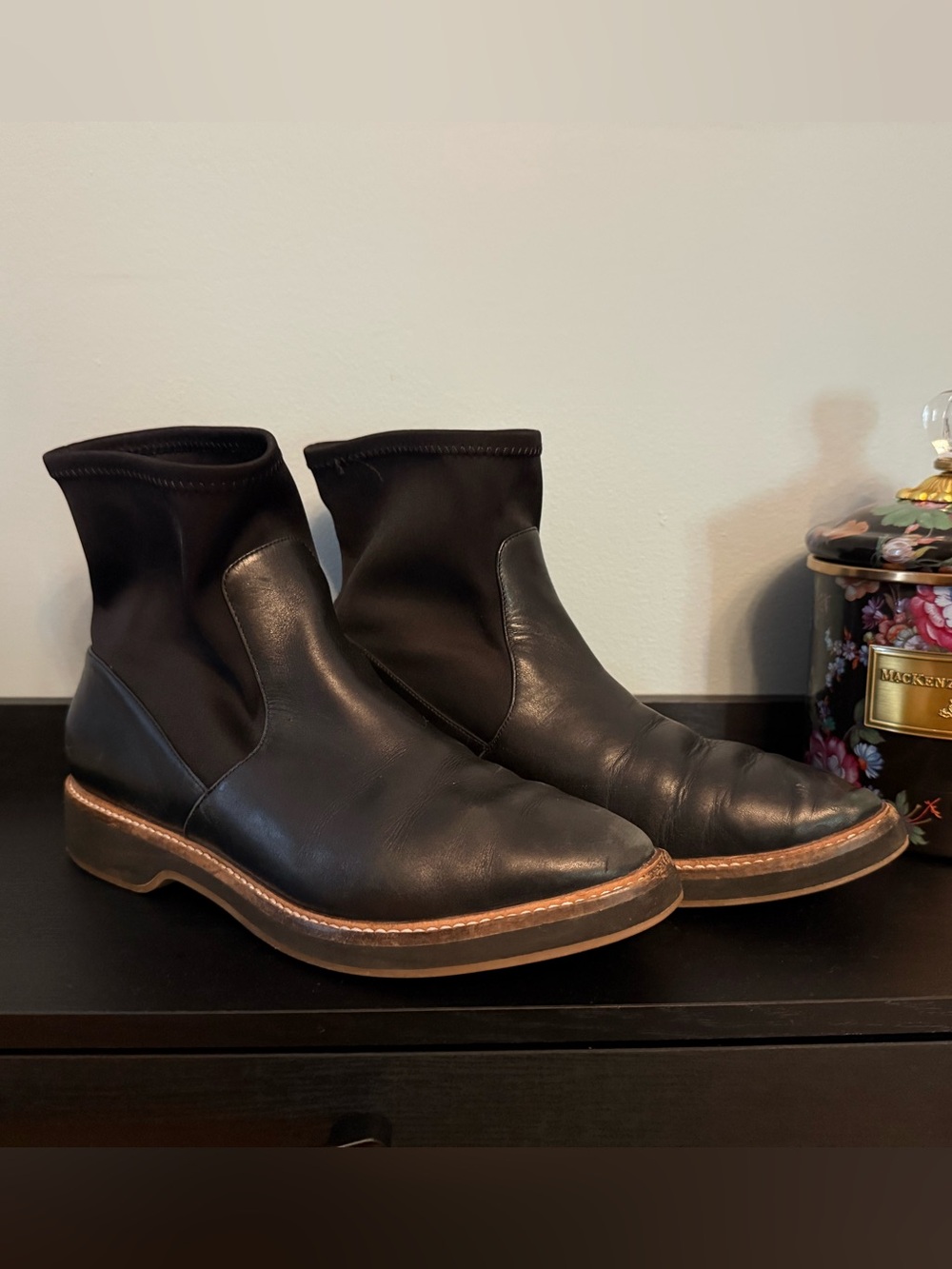 Cole Haan Black Leather Ankle Boots with Brown Welt